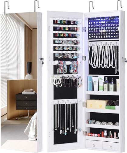 GISSAR Full Length Mirror Jewelry Cabinet, 6 LEDs Jewelry Armoire Wall Mounted Over The Door Hanging, Jewelry Organizer Storage with Lights Lockable White - color: White