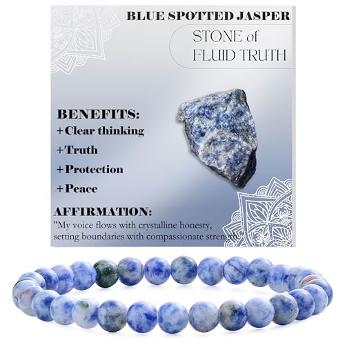 Bivei 6mm Beaded Bracelets for Women Handmade Semi Precious Natural Stone Stretch Elastic Jewelry Yoga Protection Gifts - color: Blue Spotted Jasper-Calm Flow, size: Medium 6.8-7.3 inch