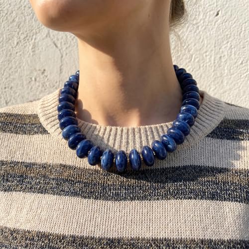 Elegance 11 designs Colorful Chunky Beaded Necklace for Women,Thick Acrylic Disc Bead Choker Statement Necklace Cute Trendy Necklaces Jewelry Gifts for Women - color: Navy blue