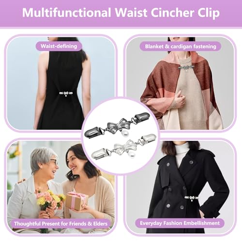 Frutain 2 Pcs Bow Waist Cincher Clips,Sweater Shawl Clips for women, Alloy Waist Buckle for Dresses,Shirts,Cardigans - color: Sliver/Black