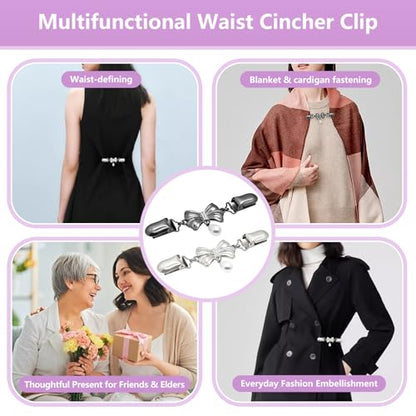 Frutain 2 Pcs Bow Waist Cincher Clips,Sweater Shawl Clips for women, Alloy Waist Buckle for Dresses,Shirts,Cardigans - color: Sliver/Black