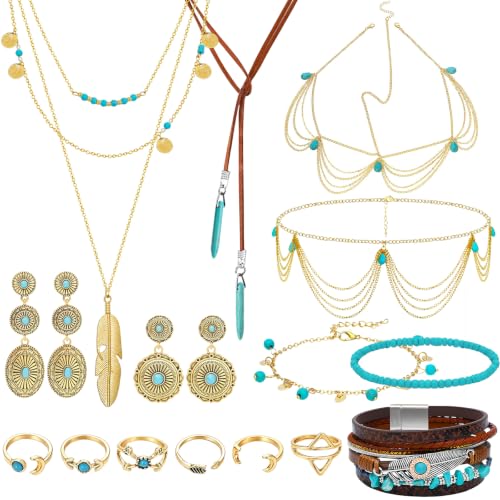 NEWITIN 15 Pieces Gold Bohemian Jewelry Set for Women Turquoise Jewelry Set | Costume Gold Jewelry, Western Jewelry, Belt Chain Necklaces Bracelets Rings Earrings Set for Women Party Daily, Women Gifts - color: Dark Gold