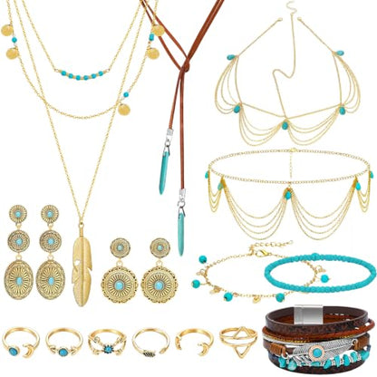 NEWITIN 15 Pieces Gold Bohemian Jewelry Set for Women Turquoise Jewelry Set | Costume Gold Jewelry, Western Jewelry, Belt Chain Necklaces Bracelets Rings Earrings Set for Women Party Daily, Women Gifts - color: Dark Gold