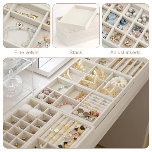 10 Pack Jewelry Organizer Tray Drawer Inserts Stackable Velvet Liner Dividers Customizable Jewellery Box Foam Ring Earring Holder Necklace Bracelet Storage Display Dish Flat in Dresser Vanity - color: Beige