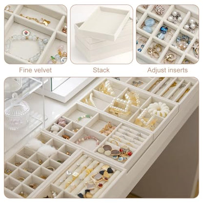 10 Pack Jewelry Organizer Tray Drawer Inserts Stackable Velvet Liner Dividers Customizable Jewellery Box Foam Ring Earring Holder Necklace Bracelet Storage Display Dish Flat in Dresser Vanity - color: Beige