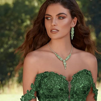EleQueen Statement Sparkle Crystal Necklace Bracelet Dangle Earrings Set for Women, Art Deco Prom Chandelier Jewelry for Wedding Bridal - color: Green-Silver-Plated-Base