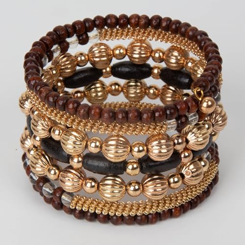 SPUNKYsoul Handmade Bohemian Multi-Color Beaded Coil Bracelet – Comfortable, Adjustable Boho Wrap Cuff That Stacks Easily and Lets You Effortlessly Elevate Any Outfit, Day or Night - style: Brown and Gold