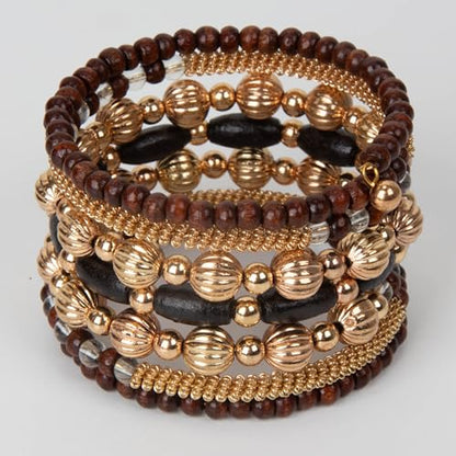 SPUNKYsoul Handmade Bohemian Multi-Color Beaded Coil Bracelet – Comfortable, Adjustable Boho Wrap Cuff That Stacks Easily and Lets You Effortlessly Elevate Any Outfit, Day or Night - style: Brown and Gold