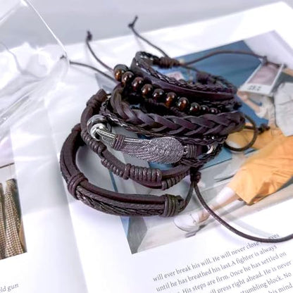 31Pcs Braided Leather Bracelets for Men Women Punk Wrap Wood Beads Bracelets Adjustable Hemp Cords Ethnic Tribal Handmade Wrap Wristband Punk Gothic Evil Eye Skull Skeleton Bracelet