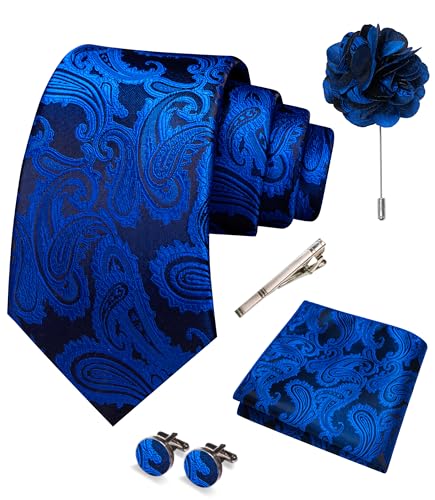 JEMYGINS Mens Paisley Tie and Pocket Square,Lapel Pin,Cufflinks,Tie Clip Sets with Gift Box 5PCS - color: Royal Blue/Black