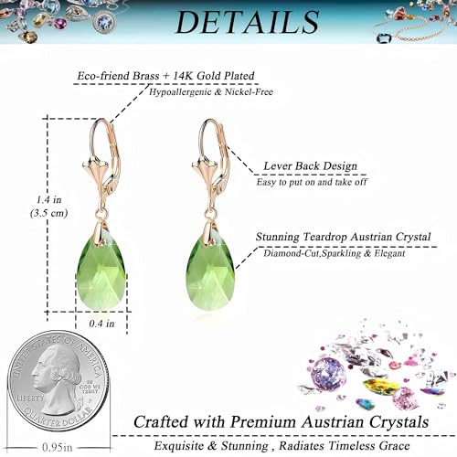 Austrian Crystal Teardrop Leverback Dangle Earrings for Women Fashion 14K Gold Plated Hypoallergenic Jewelry - color: Green