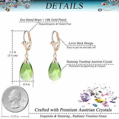 Austrian Crystal Teardrop Leverback Dangle Earrings for Women Fashion 14K Gold Plated Hypoallergenic Jewelry - color: Green