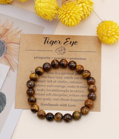 BOMAIL Natural Stone Beaded Bracelet for Women Men | 8mm Round Beads,Healing Crystal,Semi-Precious Gemstone,Yoga,Stretch,Bracelets Jewelry Gift - color: Tiger Eye Stone