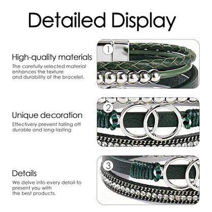 Leather Wrap Bracelets for Women, Boho Leopard Multi-Layer Crystal Beads Cuff Jewelry - color: J-Warp-010
