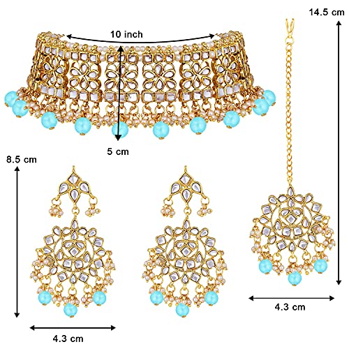 Aheli Elegant Indian Faux Kundan Studded Choker Necklace with Maang Tikka Set Ethnic Wedding Wear Bharatanatyam jewellery set Gift for Women - color: Sky Blue