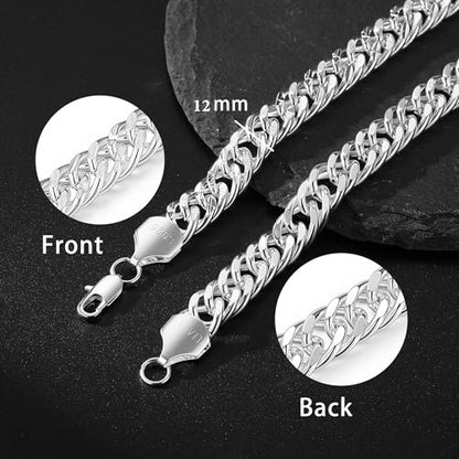 S925 Sterling Silver necklace for Men 12mm Punk Chunky Cuban Link Curb Chain Necklace for Women Men Jewelry 18 20 22 24 26Inch - color: 26"