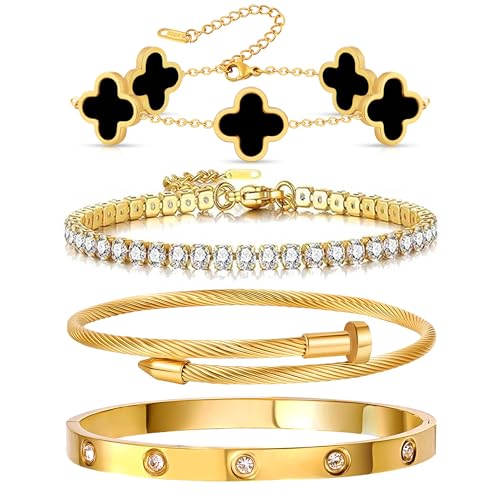 Gold Bracelets for Women, 18K Gold Plated Women Tennis Bracelets Clover Nail Love Bangle Bracelet Set, Gold Bracelet Stackable Set Trendy Jewelry, Gifts for Women's Day and Mother's Day - color: 10-Color- 4 Black