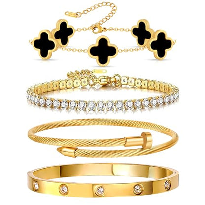 Gold Bracelets for Women, 18K Gold Plated Women Tennis Bracelets Clover Nail Love Bangle Bracelet Set, Gold Bracelet Stackable Set Trendy Jewelry, Gifts for Women's Day and Mother's Day - color: 10-Color- 4 Black