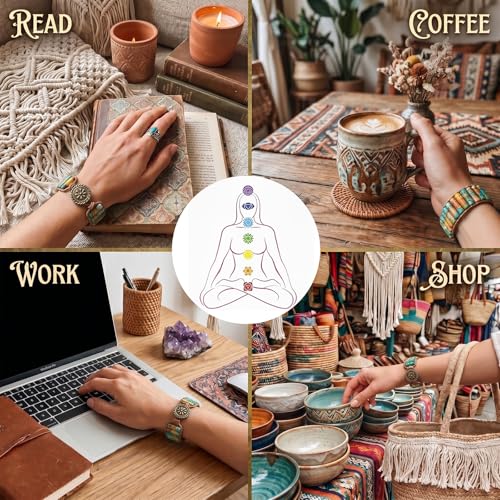 Boho Beaded Bracelets for Women, Chakra Healing Adjustable Strand Bracelet | Colorful Bohemian Trendy Jewelry, Fashion Accessories Gifts, Natural Stone and Leather Wrap