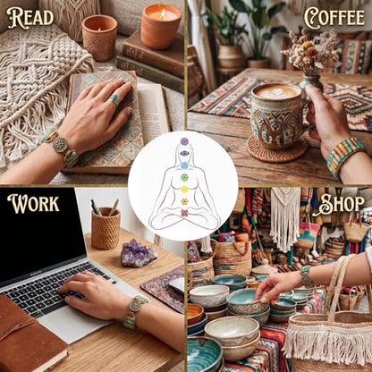 Boho Beaded Bracelets for Women, Chakra Healing Adjustable Strand Bracelet | Colorful Bohemian Trendy Jewelry, Fashion Accessories Gifts, Natural Stone and Leather Wrap