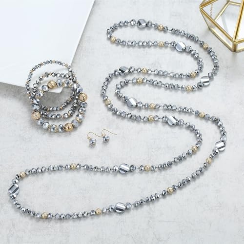 Trendy Infinity Wrap 60’’ Long Statement Necklace, Earrings and Bracelet Set - Hand Knotted Versatile Crystal and Shell Beads Strand Necklace and Chunky Beaded Stretch Bracelet Stack – Jewelry Set Gift for Women - color: Sparkly Silver and Gold
