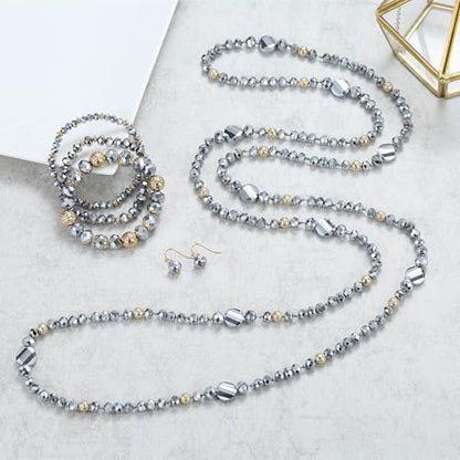 Trendy Infinity Wrap 60’’ Long Statement Necklace, Earrings and Bracelet Set - Hand Knotted Versatile Crystal and Shell Beads Strand Necklace and Chunky Beaded Stretch Bracelet Stack – Jewelry Set Gift for Women - color: Sparkly Silver and Gold