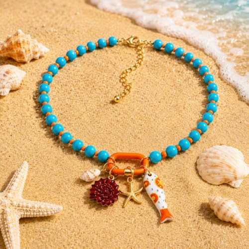 LIU JUN Colorful Beaded Necklace for Women, Chunky Boho Fish Starfish Conch Pendant Acrylic Bead Necklaces Cute Y2K Summer Beach Jewelry Gifts - color: Blue