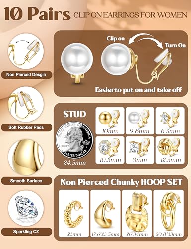 LOLIAS Clip On Earrings for Women 14K Gold Plated Clip Earrings Non Pierced | Hypoallergenic Ears Clips CZ Pearl Knot Twist Chunky Hoop and Studs Earring Set Lightweight Fake Earings Jewelry - style: 10Pairs-14K Gold Plated