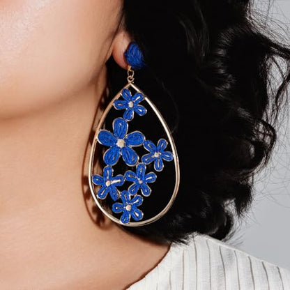 Boho Raffia Flower Teardrop Earrings Cute Colorful Dangle Trendy Jewelry | Floral Drop Statement Big Dangling Earring Hypoallergenic Gold Fun Unique Summer Spring Beach Vacation Outfits for Women - color: Royal Blue