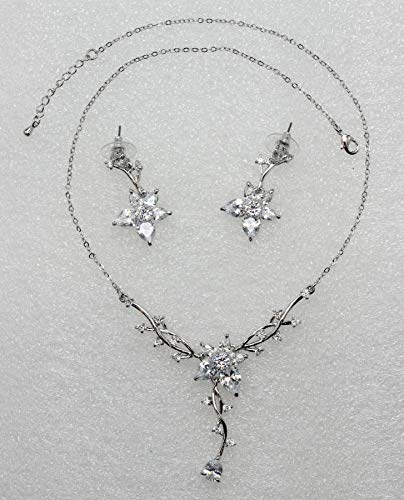 Faship Gorgeous CZ Crystal Floral Necklace Earrings Set - color: Clear