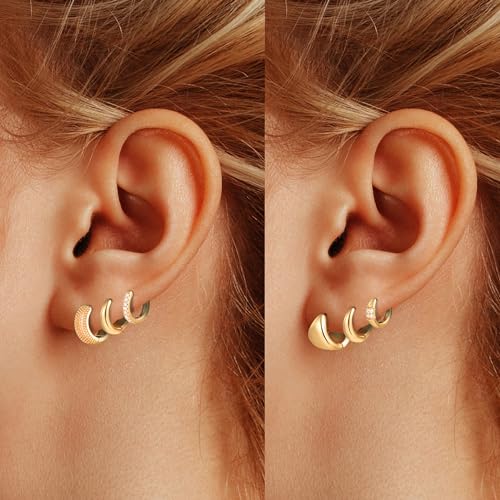 Wgoud Small Gold Hoop Earrings Set for Women, 6 Pairs 14K Gold Plated Hypoallergenic Lightweight Huggie Hoops Earrings, Trendy Cartilage Cubic Zirconia Earrings for Women Gifts. - color: F-Gold hoops