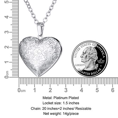 U7 Custom Photo Locket Necklace - Oval & Heart Shaped Locket - Gold/Silver/Rose Gold Personalized Image Necklaces for Women - color: 02-Platinum Flower Heart, style: a. locket only