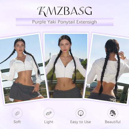 Black Ponytail Extension for Women 2PCS DIY Braided Ponytail Extension with Hair Tie Long Yaki Straight Hairpieces for Active Wear Gym Party Beginners 26 Inches - color: Black