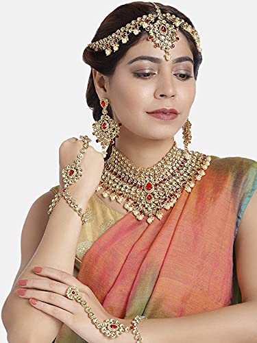 Aheli Bollywood Style Indian Bridal Choker Necklace Matha Patti Nose Ring Haath Phool Wedding Fashion Bharatanatyam jewellery set for Women - color: Champagne-Red
