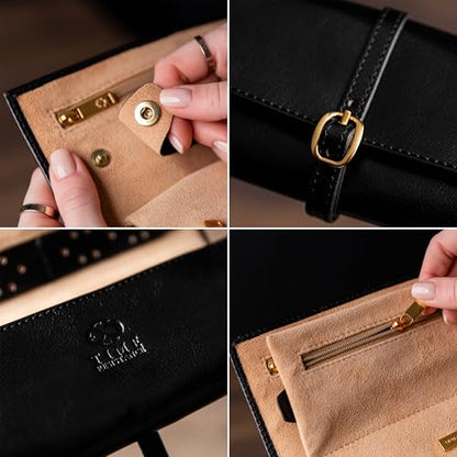 Time Resistance Leather Jewelry Roll - Full Grain Leather Travel Jewelry Case - Jewellery Organizer Made in Italy (Black) - color: Black