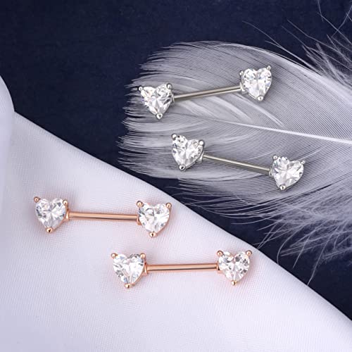 OUFER 2PCS 14G Surgical Steel Nipple Rings Barbell Heart CZ Nipple Rings Piercing for Women nippleshield Piercing Body Piercing - color: Rose Gold
