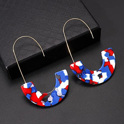 Acrylic Earrings Statement Tortoise Hoop Earrings Resin Wire Drop Dangle Earrings Fashion Jewelry For Women - color: Red White and Blue