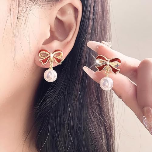 Gold Bow Earrings for Women, Long Tassel Chain Drop Earrings, Trendy Small Bow Earrings, Ribbon Waterfall Dangling Earrings, Pearl Bow Earrings, Sparkly Elegant Bowknot Preppy Jewelry Gifts for Women - color: Red