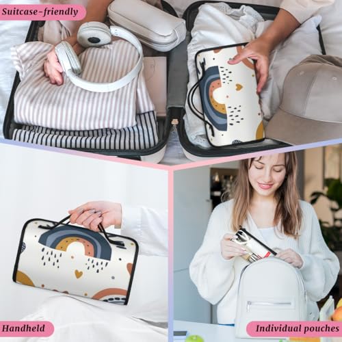 Boho Abstract Rainbow Hanging Roll Up Cosmetic Bag with 4 Removable Storage Bags Waterproof Foldable Toiletry Kit for Women - color: Multicolor 13
