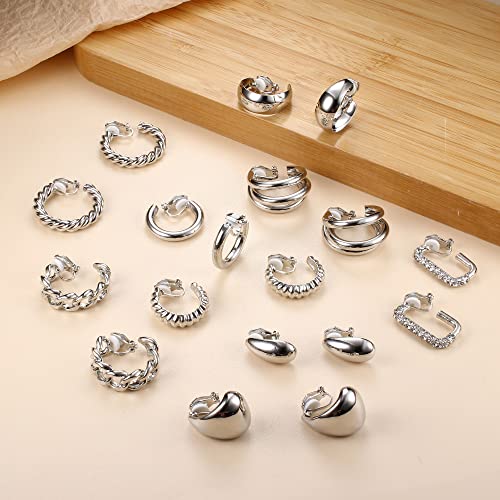 Gold Plated Clip On Earrings for Women Non Pierced Clip on Hoop Earrings | 9 Pairs 14K Gold Plated Waterdrop Chunky Hoop Earrings CZ Twist Statement Earring Set Hypoallergenic Fake Earring Jewelry - color: Silver