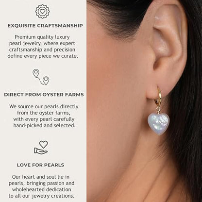LILY LUSTRE 14k Gold Plated/Filled 925 Sterling Silver Handpicked AAAA Quality Natural White Freshwater Cultured Heart Shaped Pearl Huggie Hoop/Leverback Drop Dangle Earrings for Women - color: Gold Hoop