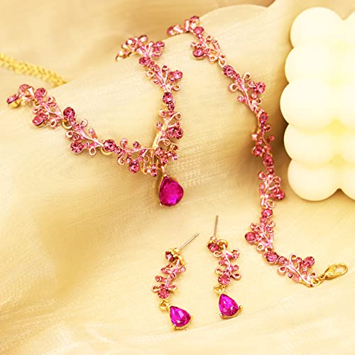 3Pcs Austrian Crystal Jewelry Set for Women, Necklace Dangle Earrings Link Bracelet Jewelry Set with Gold/Platinum/Gun Plated, Wedding Party Jewelry for Bridal Bridesmaid - color: Rose Red-Gold Plated