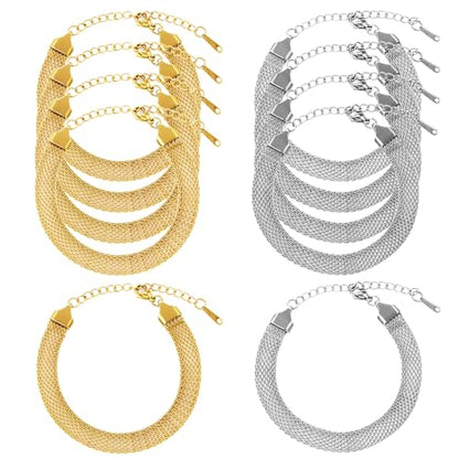 KYUNHOO 6.7 Inches Stainless Steel Charm Bracelet Chains Bulk with Extender | 10pcs Gold and Silver Bracelets Set 8MM Wide Chain Bracelet for Crafts Jewelry Making Supplies - color: mesh