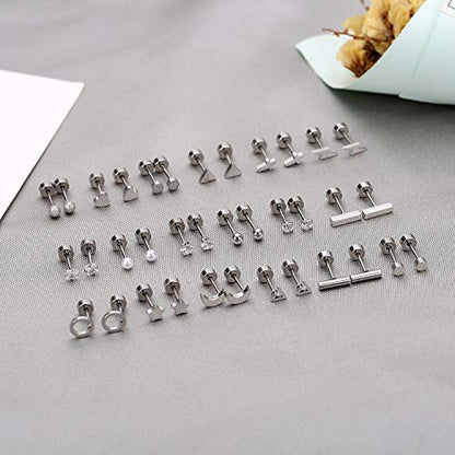 Staligue 18 Pairs Flat Back Earrings Set –Hypoallergenic 20G Surgical Steel | 18 Pairs Flat Back Earrings, 20G 0.8mm Surgical Steel Studs, Hypoallergenic Nickel Free, Cartilage Lobe Piercing Jewelry - color: Argent, size: 18 Sets