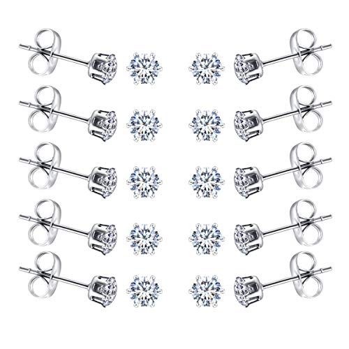 FOSIR 10 Pairs Tiny Womens Surgical Stainless Steel Clear Cubic Zirconia Stud Earrings, Hypoallergenic 316L Earrings Set - style: 4mm-10 pairs