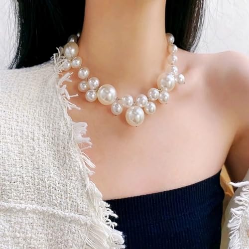 Faux Pearl Necklace for Women Big Pearl Necklace Chunky Pearl Necklace Exaggerated Large Pearl Choker Necklace Dainty Statement Bride Wedding Jewelry Gifts (silver)