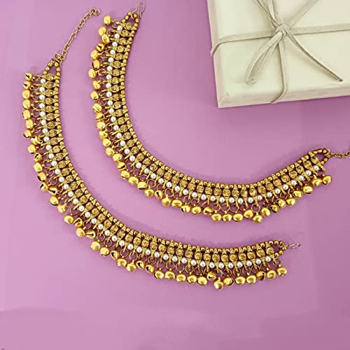 Efulgenz Indian Ankle Bracelet Pair Faux Kundan Pearl Ghungroo Anklet Set