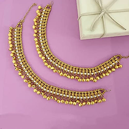 Efulgenz Indian Ankle Bracelet Pair Faux Kundan Pearl Ghungroo Anklet Set