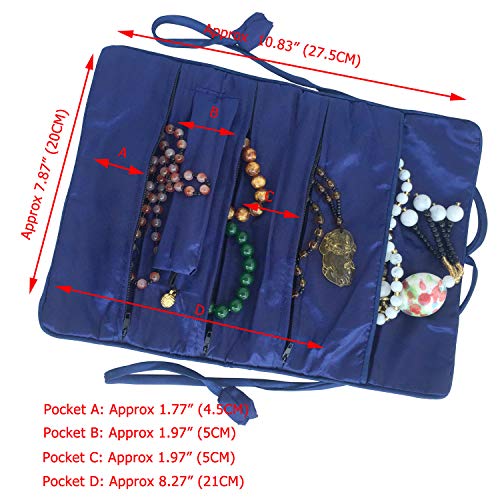 Travel Jewelry Roll Bag - Silk Embroidered Brocade Pouch for Rings, Necklaces, Earrings, Bracelets | Lightweight & Tie Closure (Navy Blue) - color: Navy Blue
