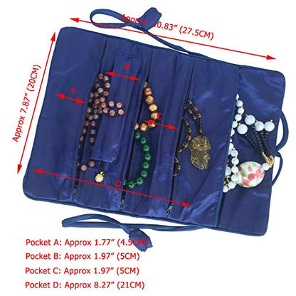 Travel Jewelry Roll Bag - Silk Embroidered Brocade Pouch for Rings, Necklaces, Earrings, Bracelets | Lightweight & Tie Closure (Navy Blue) - color: Navy Blue